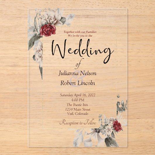 Elegant waterverf floral in red en mist bruiloft acryl uitnodigingen (Voorkant)