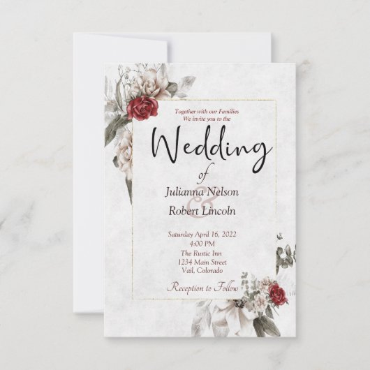 Elegant waterverf floral in red en mist bruiloft kaart (Voorkant)