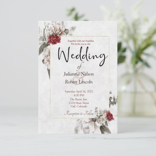 Elegant waterverf floral in red en mist bruiloft kaart (Staand voorkant)