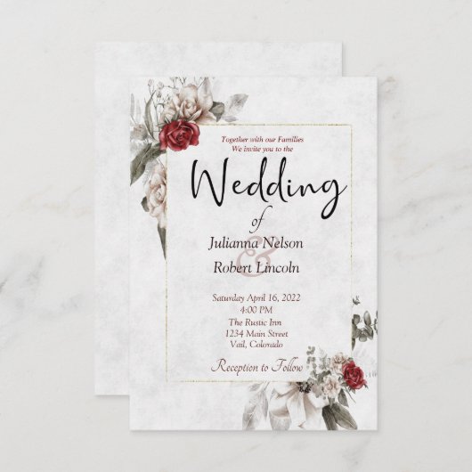 Elegant waterverf floral in red en mist bruiloft kaart (Voorkant / Achterkant)