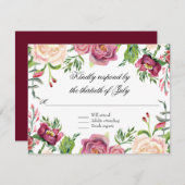 Elegant Waterverf Floral Leaf Pink Burgundy RSVP (Voorkant / Achterkant)