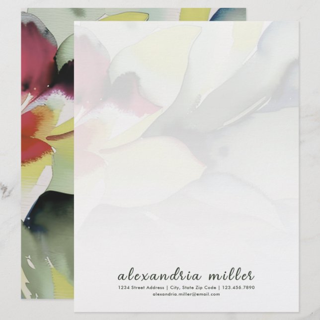 Elegant Waterverf Floral Letterhead Briefhoofd (Voorkant / Achterkant)