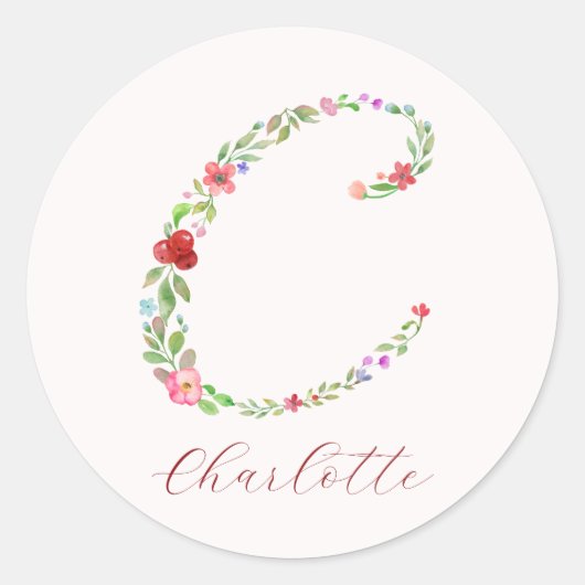 Elegant Waterverf Floral Monogram Letter C Ronde Sticker (Voorkant)