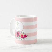Elegant Waterverf Floral Monogram op roze strepen Koffiemok (Voorkant links)