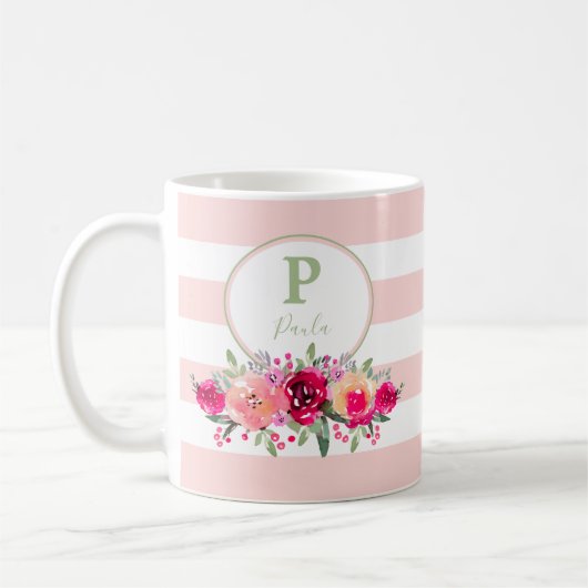 Elegant Waterverf Floral Monogram op roze strepen Koffiemok (Links)
