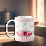 Elegant Waterverf Floral Monogram op roze strepen Koffiemok<br><div class="desc">Het bleke roze, de roze, de roze, de roze tot marsala roze, de roze waterverf florale vormgeving zit op roze limonade en witte strepen. VERWIJDER witte strepen of verander de kleuren van strepen en roze achtergrond in kleur. Alle tekst, doopvonten, kleuren, grootte kunnen worden gewijzigd, enkel klikken de KLANT verdere...</div>
