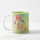 Elegant Waterverf Floral Monogram Tweekleurige Koffiemok (Links)