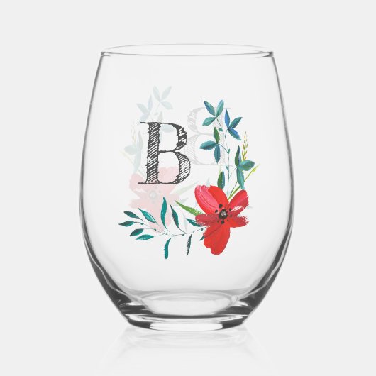 Elegant Waterverf Floral Monogram Wijnglas Zonder Voet (Voorkant)