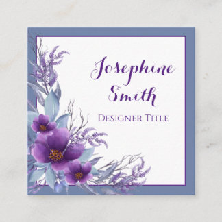 Elegant Waterverf Floral Paars Blue Vierkante Visitekaartje