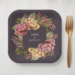Elegant Waterverf Floral Papieren Bordje<br><div class="desc">Elegant waterverf bloemen in roze en goudkleurige,  mooie groen op een donkere eggplant achtergrond. Deze borden van vierkant papier zijn perfect voor brunch en bruine stellen trouwdouche,  vrijgezellenfeest,  baby shower of een speciale gelegenheid. Punten in onze winkel koppelen.</div>