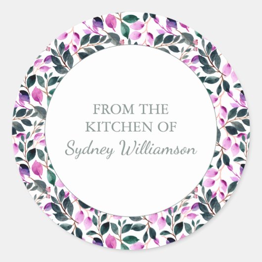 Elegant Waterverf Floral Pattern Keuken met naam Ronde Sticker (Voorkant)