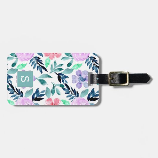 Elegant Waterverf Floral Pattern Monogram Bagagelabel (Voorkant horizontaal)