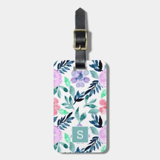 Elegant Waterverf Floral Pattern Monogram Bagagelabel (Voorkant verticaal)