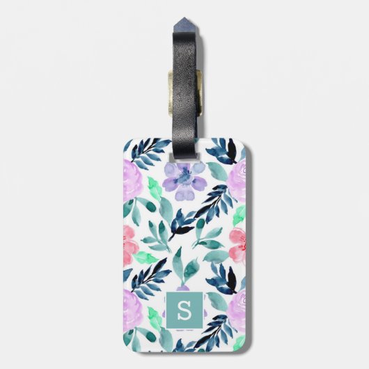 Elegant Waterverf Floral Pattern Monogram Bagagelabel (Achterkant verticaal)