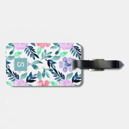 Elegant Waterverf Floral Pattern Monogram Bagagelabel (Achterkant horizontaal)
