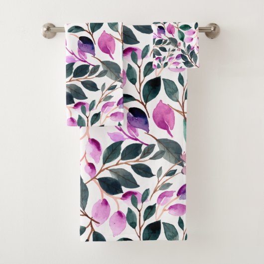 Elegant Waterverf Floral Pattern Paars Green Bad Handdoek (Insitu)
