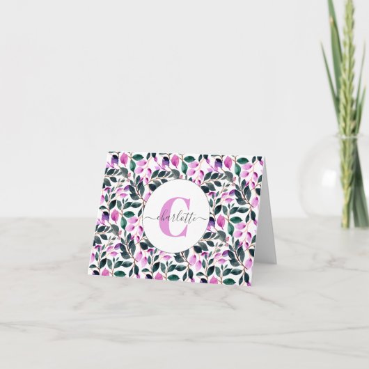Elegant Waterverf Floral Pattern Paars Monogram Notitiekaartje (Voorkant)