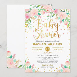 Elegant Waterverf Floral Pink & Gold Baby shower Kaart
