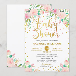 Elegant Waterverf Floral Pink & Gold Baby shower Kaart