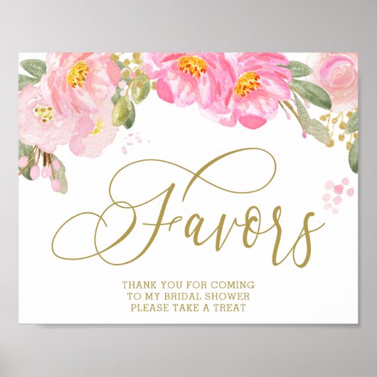 Elegant Waterverf Floral Pink Gold Favors Sign Poster (Voorkant)