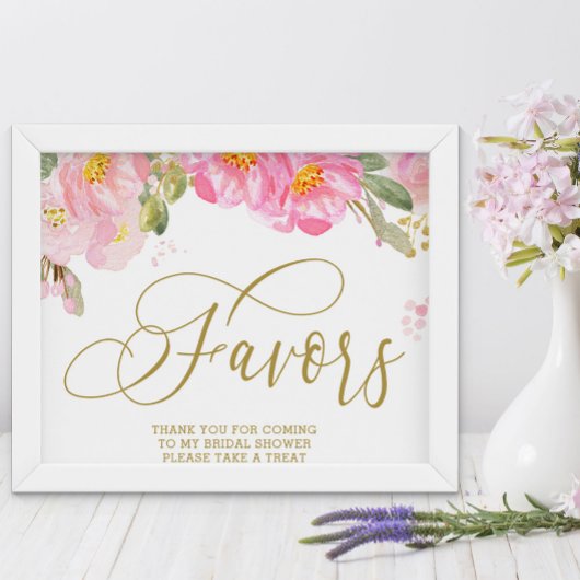 Elegant Waterverf Floral Pink Gold Favors Sign Poster