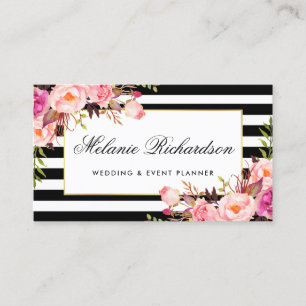 Elegant Waterverf Floral Pink Gold Lijst Striped Visitekaartje