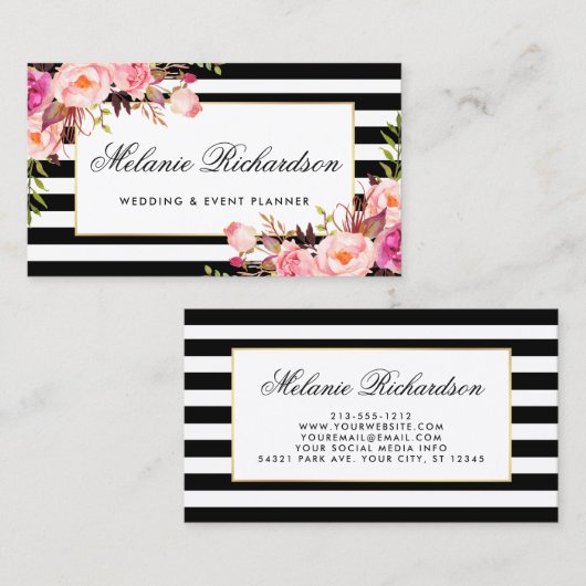 Elegant Waterverf Floral Pink Gold Lijst Striped Visitekaartje (Voorkant / Achterkant)