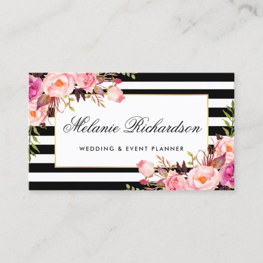 Elegant Waterverf Floral Pink Gold Lijst Striped Visitekaartje (Voorkant)