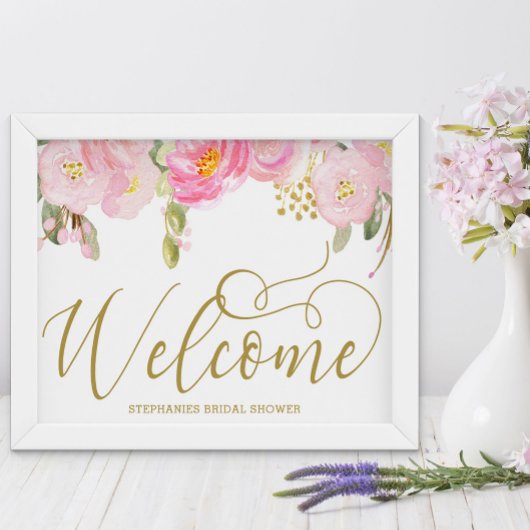 Elegant Waterverf Floral Pink Gold Welkom Poster