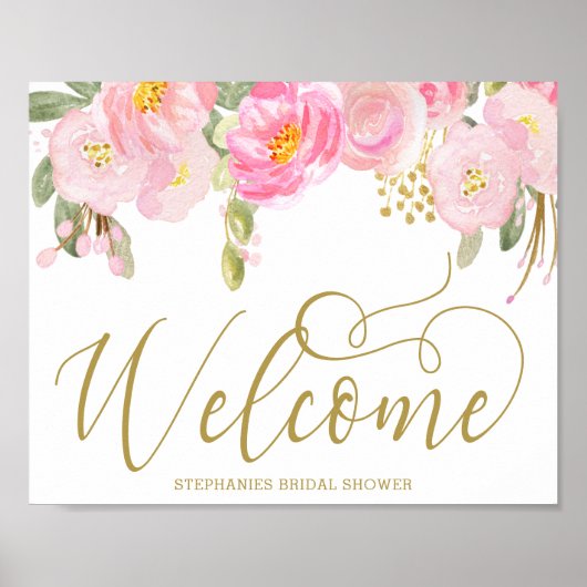 Elegant Waterverf Floral Pink Gold Welkom Poster (Voorkant)