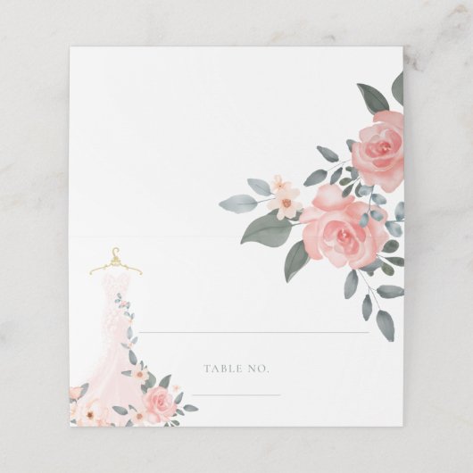 Elegant Waterverf Floral Pink Rose Wedding Dress Plaatskaartje (Buitenkant ongevouwen)