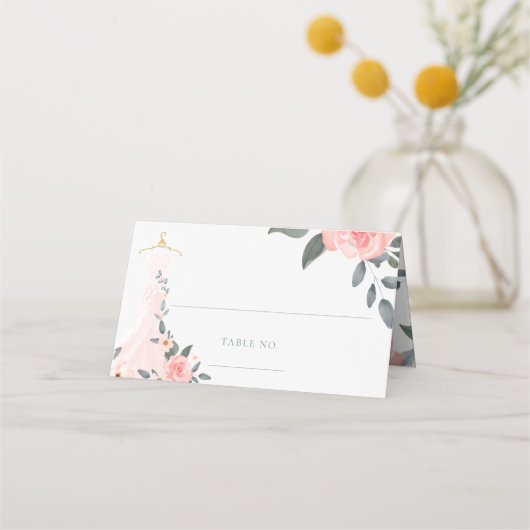 Elegant Waterverf Floral Pink Rose Wedding Dress Plaatskaartje (Voorkant)