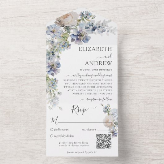 Elegant Waterverf Floral Qr Code All In One Uitnodiging (Binnen)