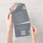 Elegant Waterverf Floral Roos Gold QR Code Foto All In One Uitnodiging (Afscheurbaar)
