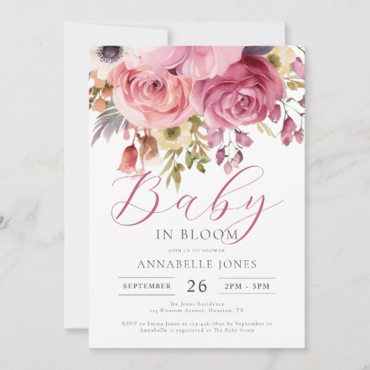 Elegant Waterverf Floral Script Baby shower Kaart (Voorkant)