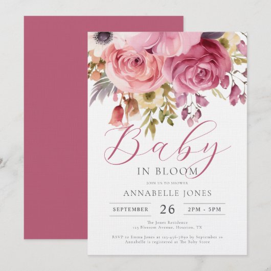 Elegant Waterverf Floral Script Baby shower Kaart (Voorkant / Achterkant)