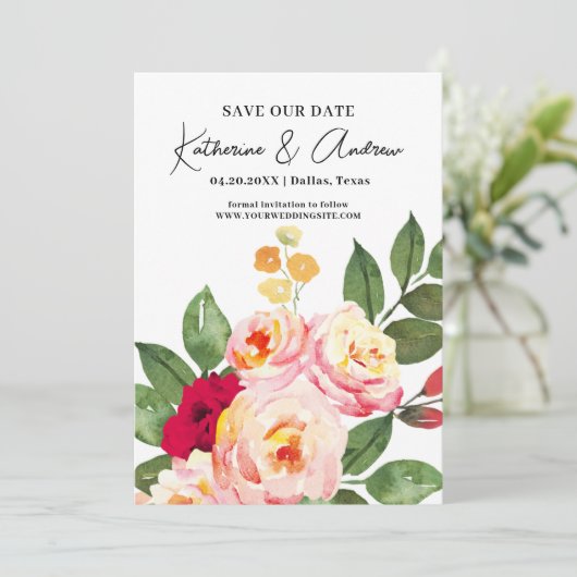 Elegant Waterverf Floral Spring Save the Date Kaart (Staand voorkant)