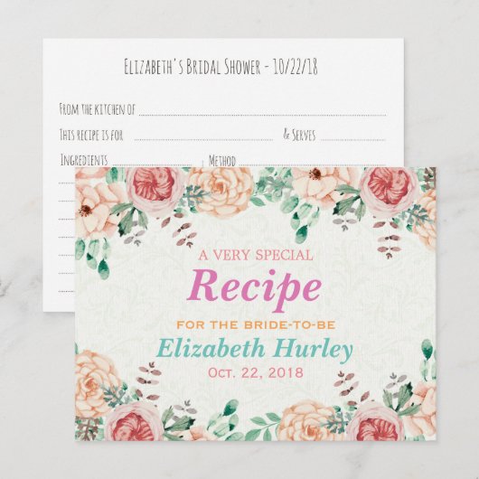 Elegant Waterverf Floral Vrijgezellenfeest Recipe Uitnodiging Briefkaart (Voorkant / Achterkant)