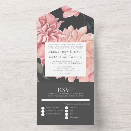 Elegant Waterverf Floral Wedding All In One Uitnodiging (Binnen)