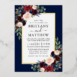 Elegant Waterverf Floral Wedding Blue Gold Folie Uitnodiging