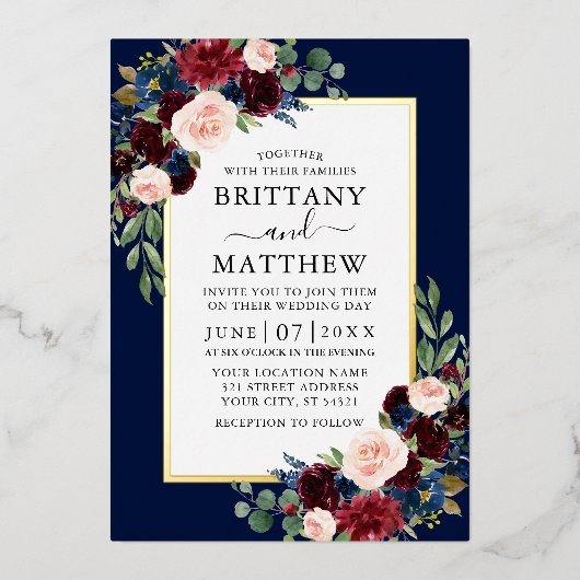 Elegant Waterverf Floral Wedding Blue Gold Folie Uitnodiging (Voorkant)