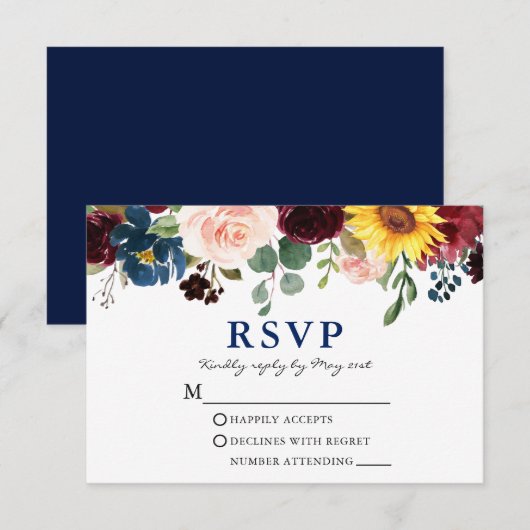 Elegant Waterverf Floral Wedding Blue RSVP Kaartje (Voorkant / Achterkant)