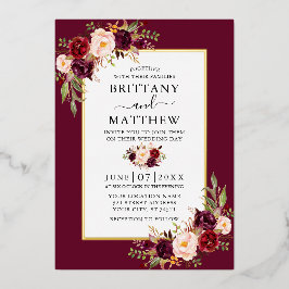 Elegant Waterverf Floral Wedding Burgundy Gold Folie Uitnodiging