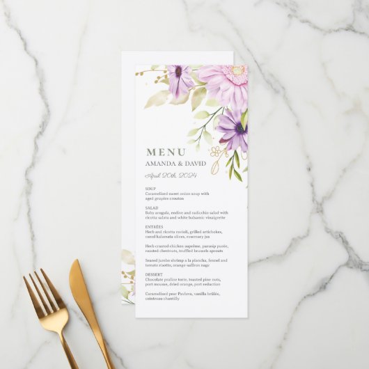 Elegant Waterverf Floral Wedding Flat Menu (Voorkant / Achterkant in situ)