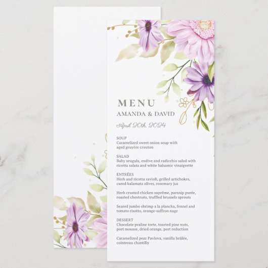 Elegant Waterverf Floral Wedding Flat Menu (Voorkant / Achterkant)