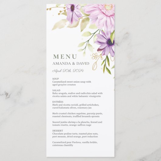 Elegant Waterverf Floral Wedding Flat Menu (Voorkant)