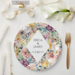 Elegant Waterverf Floral Wedding Papieren Bordje