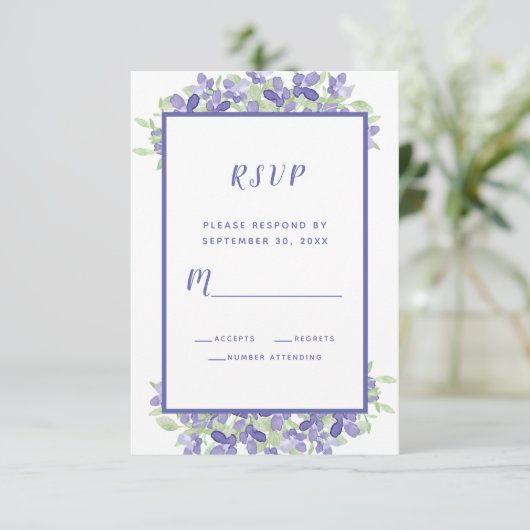 Elegant Waterverf Floral Wedding Periwinkle Blue RSVP Kaartje (Staand voorkant)