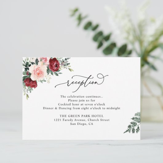 Elegant Waterverf Floral Wedding Reception Informatiekaartje (Staand voorkant)