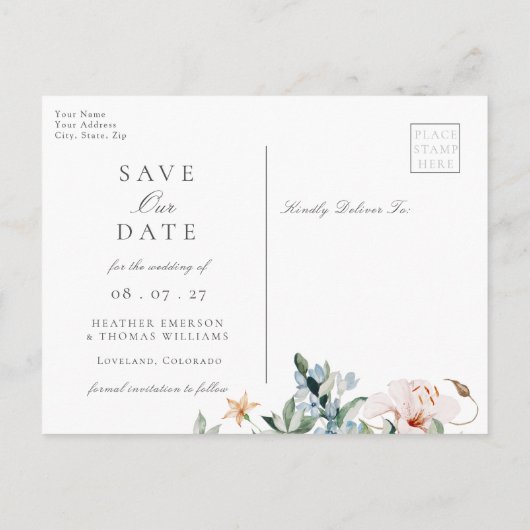 Elegant Waterverf Floral Wedding Save the Date Aankondigingskaart (Achterkant)